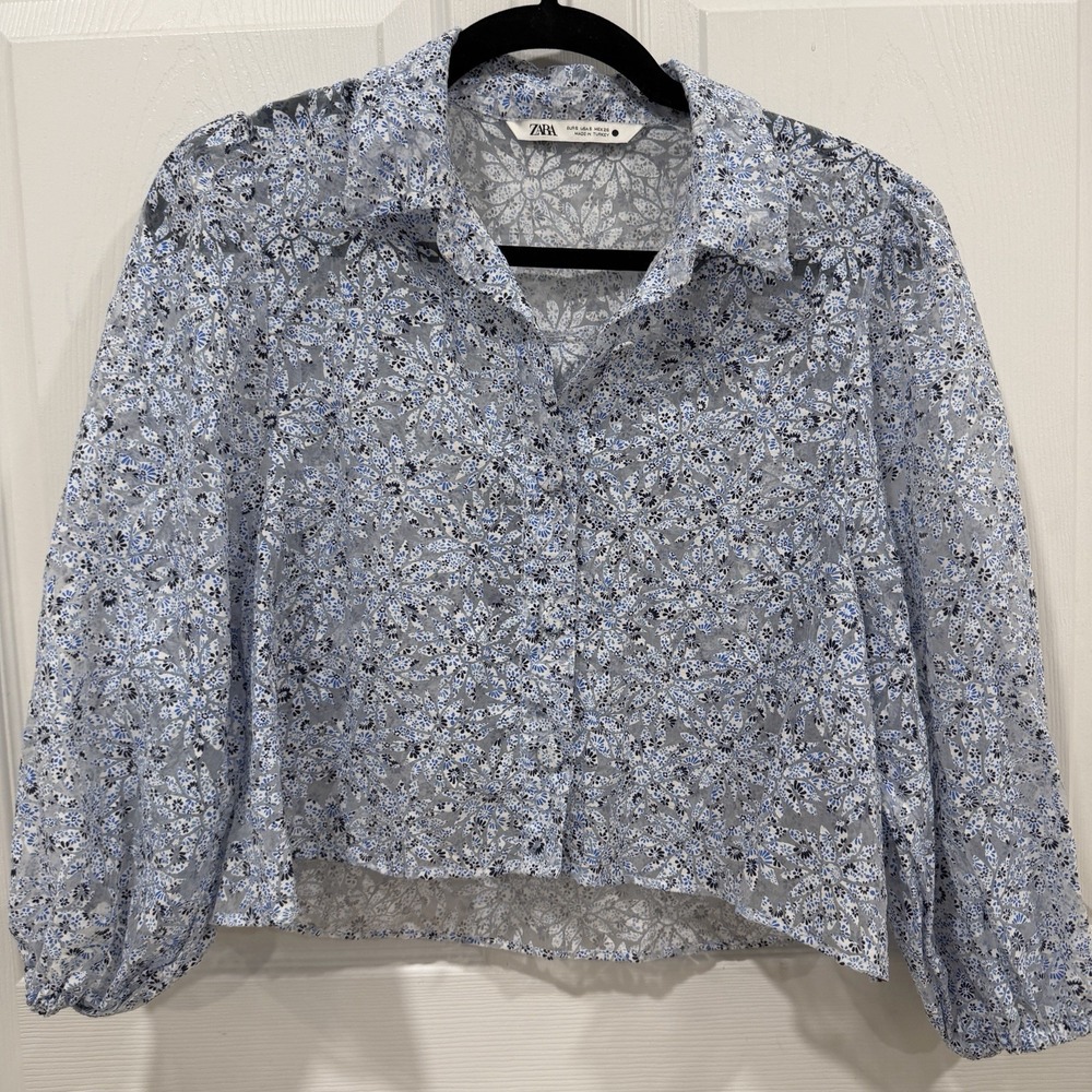 Women's Zara Cropped Sheer Floral Blouse Blue Size Small S - Picture 2 of 8